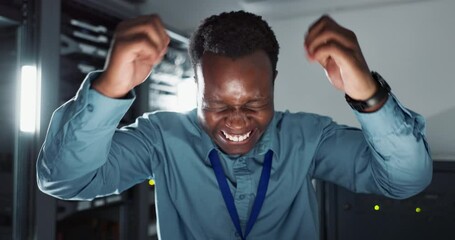 Fototapete - Face, server room and black man with celebration, excited and smile with internet and tech. Portrait, African person and inspection with expression and IT with technician and hardware with specialist