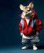Creative animal concept. Chinchilla full body in hip hop stylish fashion isolated on dark background, commercial, editorial advertisement, surreal, copy text space	
