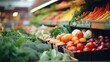 Diverse assortment of fresh vegetables on colorful supermarket shelves, consumerism shopping concept