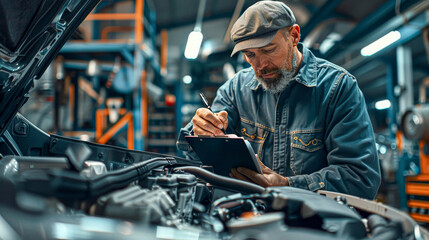 Poster - A man is writing on a clipboard while working on a car engine. He is wearing a blue jacket and a hat