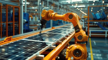 Poster - Industrial robotic arm on a production line in a modern solar panel factory