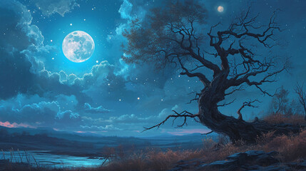 Sticker - night landscape with moon and tree