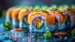 Close up of Sushi Rolls with Salmon and Avocado