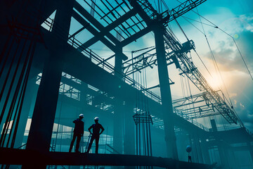 workers on construction site, engineering construction infrastructure silhouette of business people standing teamwork together multi exposure with industrial building construction in blue