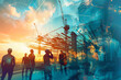 © fadi - workers on construction site, engineering construction infrastructure silhouette of business people standing teamwork together multi exposure with industrial building construction in blue