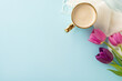 Spring flair concept. Elevated view of a frothy coffee, early spring tulips, and a woven shawl on a pastel blue field with empty quarter for text or adverts