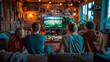 © HUMANIMALS - friends looking a soccer game together on the tv screen