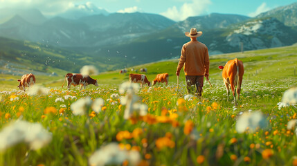 farmer with cattles in the background, standing on a pasture