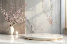 White Marble Podium Stand Studio Room Luxury Gold Color Background 3d Pedestal Platform Background. Premium Rose Golden Light Scene Luxurious  Style Floor Stage Modern Mockup Base. With A Vase Tree