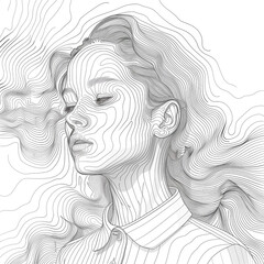 Sticker - Portrait of beautiful woman with long hair. Line art style.