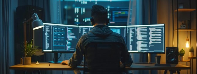 IT developer working online software development on pc monitors at modern home office on coding application screens.