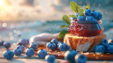 Sticker - A jar of jam and some blueberries on a cutting board