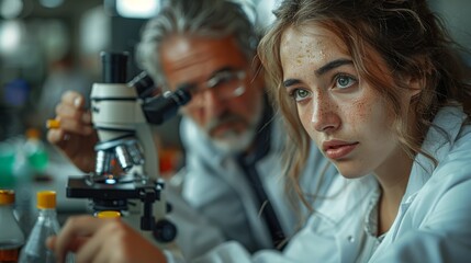 Sticker - Medical researchers working in a life science laboratory. A young female researcher and an older male researcher prepare microscope slides and analyze them.