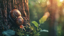 Largesized Brown Snail Crawling On A Tree Feeding