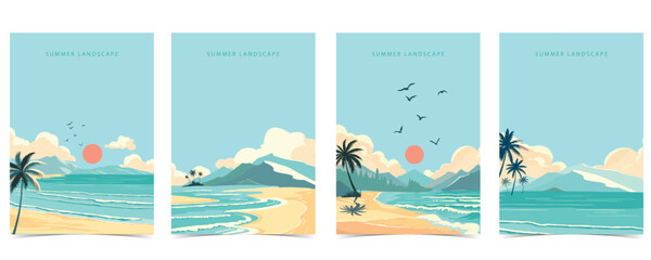 Wall Mural - beach background with sea,sand,sky.illustration vector for a4 page design
