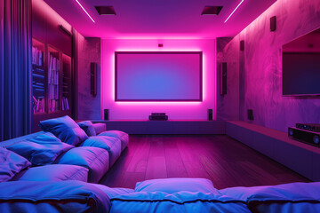 Modern home cinema room with neon lighting, large screen, and comfortable lounging pillows