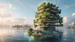 Verdant Vertical Living - Eco-Architecture. Innovative green architecture integrates lush vegetation into multi-story buildings, creating self-sustaining living spaces on the water. Floating building