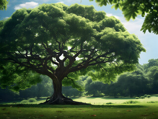 A green bonsai tree growing in a park