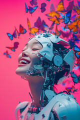 Wall Mural - A laughing cyborg woman with a human face on a background of gorgeous airy colorful butterflies. The beauty of nature