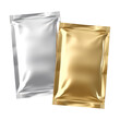 Blank gold and silver metal sachet packet isolated on transparent background Remove png, Clipping Path, pen tool