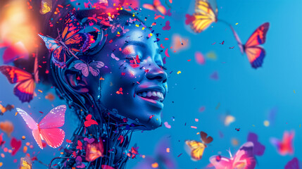 Wall Mural - A laughing cyborg woman in a great mood against a background of gorgeous airy colorful butterflies on a blue background. Admiration for the beautiful.