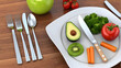 Diet food and vegetables on a plate. diet food in fat get a thin slim plan to eat less illustration. weight loss concept