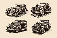 Set Of Classic Car Silhouette. Vintage Old Style Car Isolated Background