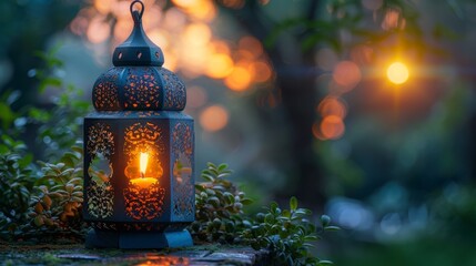 Wall Mural - Ramadan Kareem - Irani Lantern With Burning Candle Glowing At Night