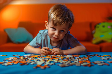 child playing with puzzle pieces, child playing with blocks, Little boy doing a jigsaw puzzle