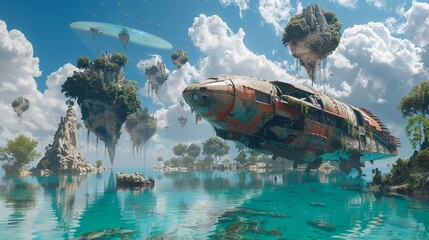  3D render of a crashed spaceship over a crystal clear lake with floating islands hovering above