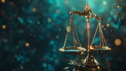 Golden balance scales on a shimmering blue background. symbol of justice and law. ideal for legal concepts and equality themes. representing balance and fairness in style. AI