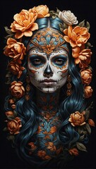 Wall Mural - flower girl skull tattoo illustration