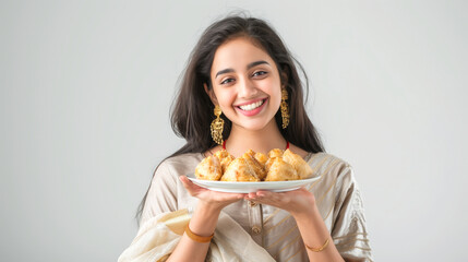 Wall Mural - Young indian lady in saree holding a plate with delectable Gujiya