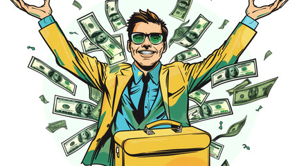 Wall Mural - Businessman with a briefcase full of money, signifying financial success on white background