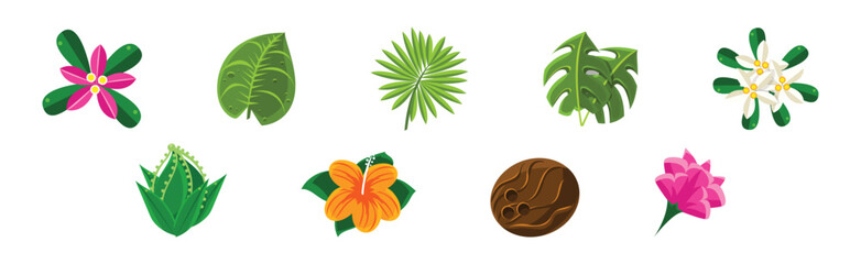 Sticker - Tropical Plant with Flower and Green Leaf Foliage Vector Set