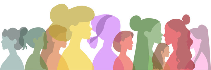 Grupo de mujeres diferentes de perfil con colores transparentes mirando a ambos lados. Fondo transparente. Retrato de perfil de persona de diferentes tamaños y colores.