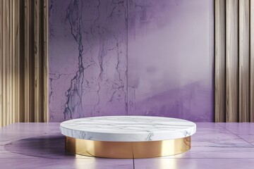 marble Podium stand studio room purple gold color background 3d pedestal platform background. Premium violet golden light scene luxurious  style floor stage modern mockup base. 