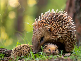 Wall Mural - A mother porcupine with her baby, nestled among the grass in their natural habitat.