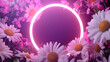 Daisies bloom under the ethereal glow of a neon circle, creating a magical nighttime atmosphere