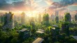 Sustainable Green Cityscape with Wind Turbines and Solar Panels