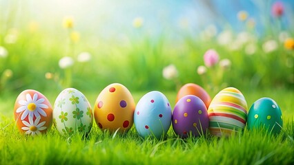  Easter eggs on green grass. Happy Easter on a spring day.