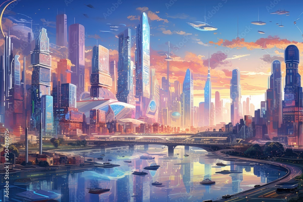 Futuristic cityscape with lush greenery and advanced architecture ...