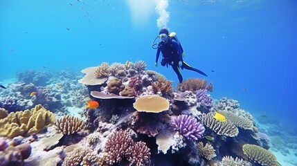 Female scuba diver exploring colorful coral reef in clear blue tropical sea underwater