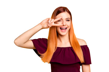 Poster - Closeup studio shooting photo portrait of chic attractive cute sweet lovely charming rejoicing delightful lady making v-sign near eyes laughing isolated bright background