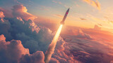Fototapeta  - Ballistic missile North Korea flag flying in the cloud