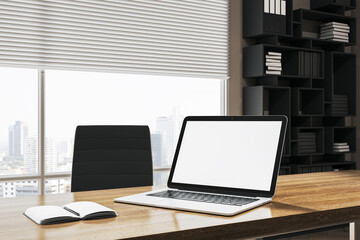 Wall Mural - creative designer desktop with empty white mock up laptop, supplies. window with city view and blind