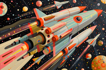 Colorful Retro Futuristic Space Rockets and Planets Illustration