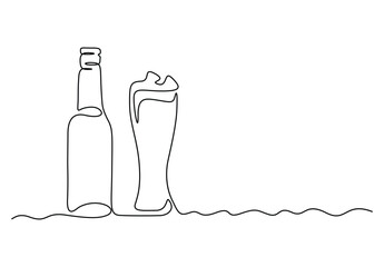 Wall Mural - Continuous one line drawing of beer glass and bottle vector illustration. Premium vector