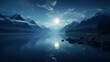 Under the silvery light of the moon, a serene lake mirrors the beauty of the night sky, creating a mesmerizing vista that transports the viewer to a realm of pure tranquility