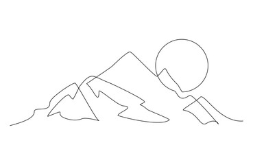 Continuous single line sketch drawing of mountain landscape nature adventure travel volcano one line vector illustration